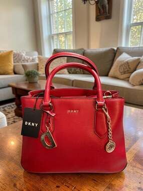 DKNY Red Textured Leather Medium Satchel Handbag with Gold-Tone Charms